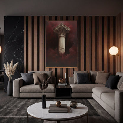 Burgundy Mist Classical Column Dramatic wall art in an elegant modern room – tall ivory fluted column with carved leaf