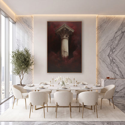 Burgundy Mist Classical Column Dramatic wall art in an elegant modern room – tall ivory fluted column with carved leaf