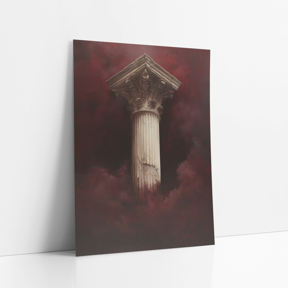 Burgundy Mist Classical Column Dramatic art print leaning against a white wall – tall ivory fluted column with carved leaf