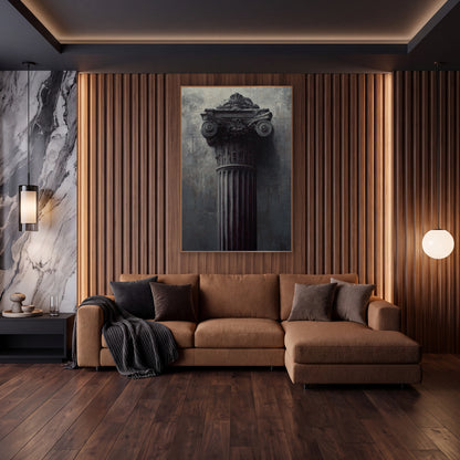 Dark Classical Column Capital Architectural wall art in an elegant modern room – fluted classical column with carved