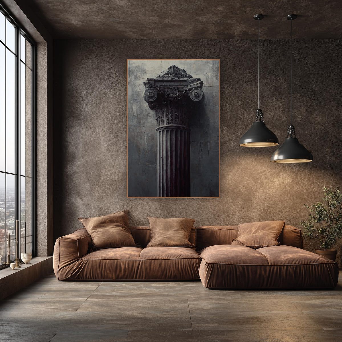 Dark Classical Column Capital Architectural wall art in an elegant modern room – fluted classical column with carved