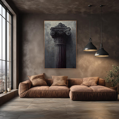 Dark Classical Column Capital Architectural wall art in an elegant modern room – fluted classical column with carved