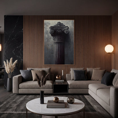 Dark Classical Column Capital Architectural wall art in an elegant modern room – fluted classical column with carved