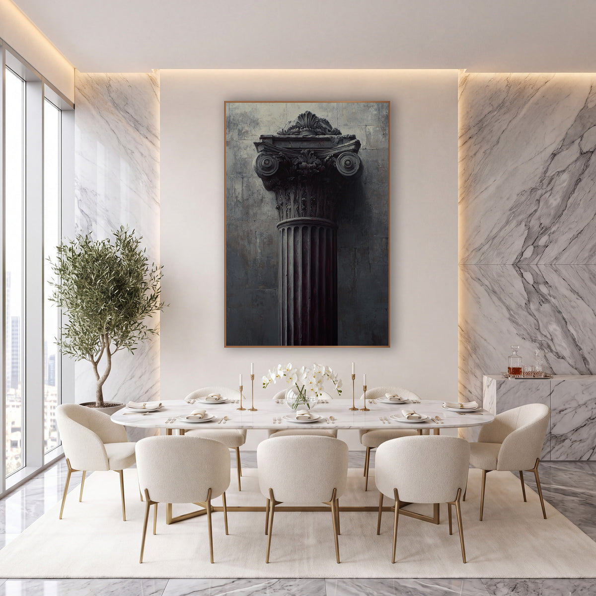 Dark Classical Column Capital Architectural wall art in an elegant modern room – fluted classical column with carved