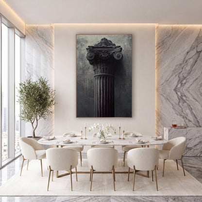Dark Classical Column Capital Architectural wall art in an elegant modern room – fluted classical column with carved