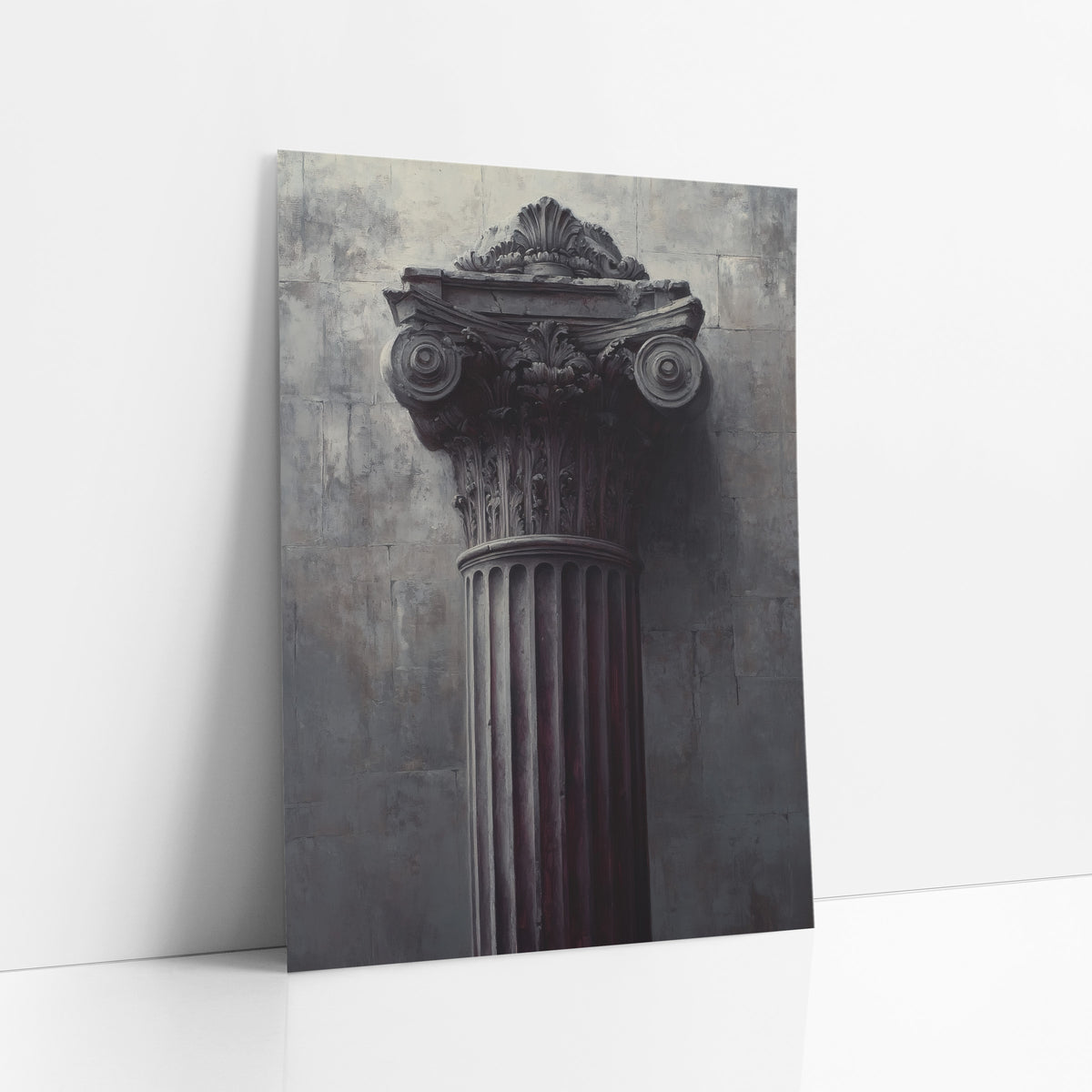 Dark Classical Column Capital Architectural art print leaning against a white wall – fluted classical column with carved leaf