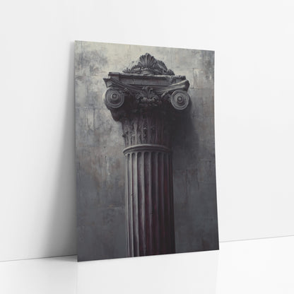 Dark Classical Column Capital Architectural art print leaning against a white wall – fluted classical column with carved leaf
