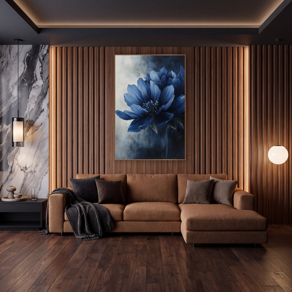Navy Daylily Bloom Luxury Floral wall art in an elegant modern room – large blue flower with layered navy petals