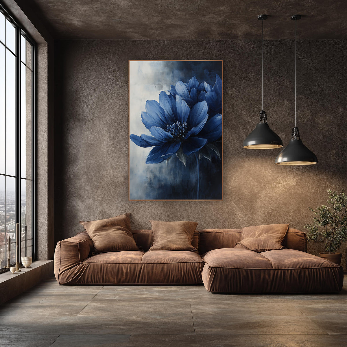 Navy Daylily Bloom Luxury Floral wall art in an elegant modern room – large blue flower with layered navy petals