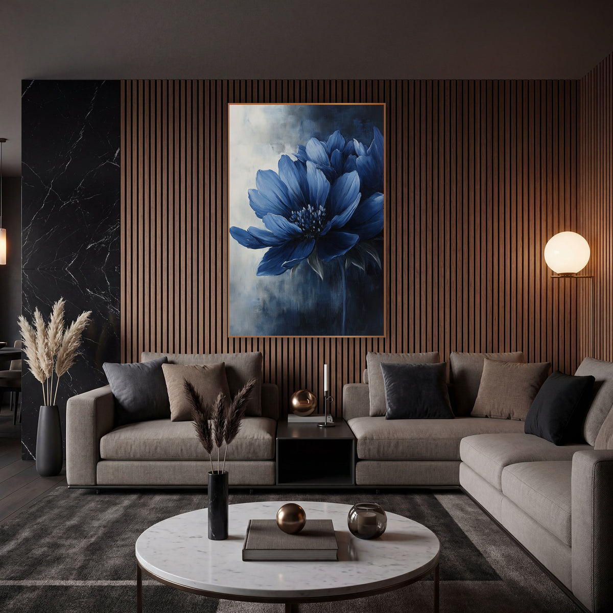 Navy Daylily Bloom Luxury Floral wall art in an elegant modern room – large blue flower with layered navy petals