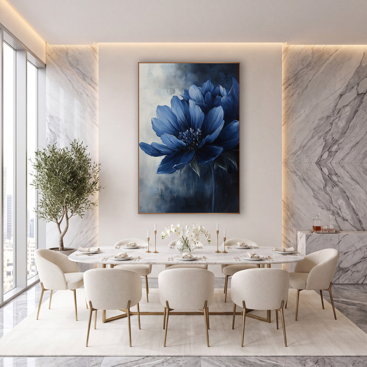 Navy Daylily Bloom Luxury Floral wall art in an elegant modern room – large blue flower with layered navy petals