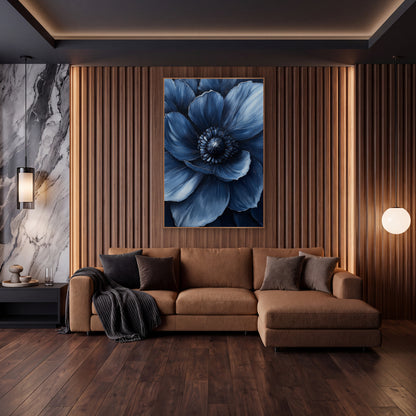 Navy Anemone Bloom Luxe Moody wall art in an elegant modern room – close view of a large navy blue flower with layered