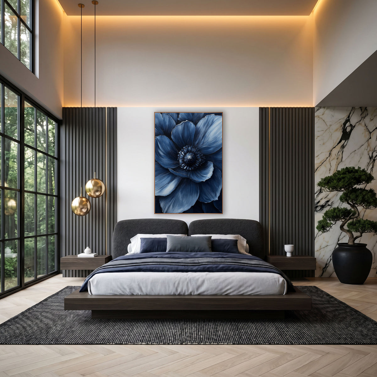 Navy Anemone Bloom Luxe Moody wall art in an elegant modern room – close view of a large navy blue flower with layered