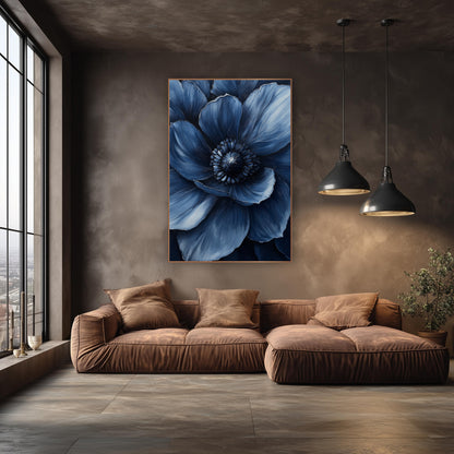 Navy Anemone Bloom Luxe Moody wall art in an elegant modern room – close view of a large navy blue flower with layered