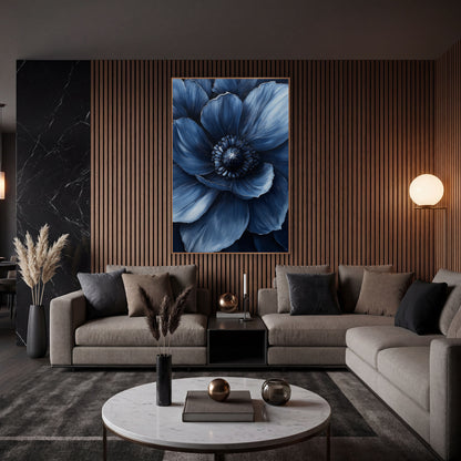 Navy Anemone Bloom Luxe Moody wall art in an elegant modern room – close view of a large navy blue flower with layered