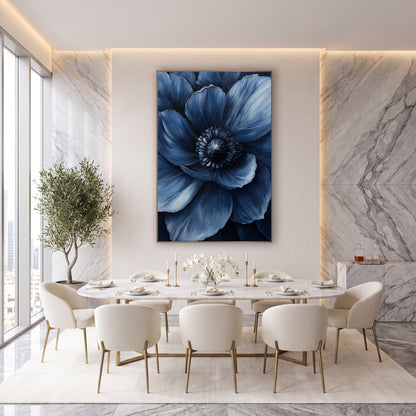 Navy Anemone Bloom Luxe Moody wall art in an elegant modern room – close view of a large navy blue flower with layered