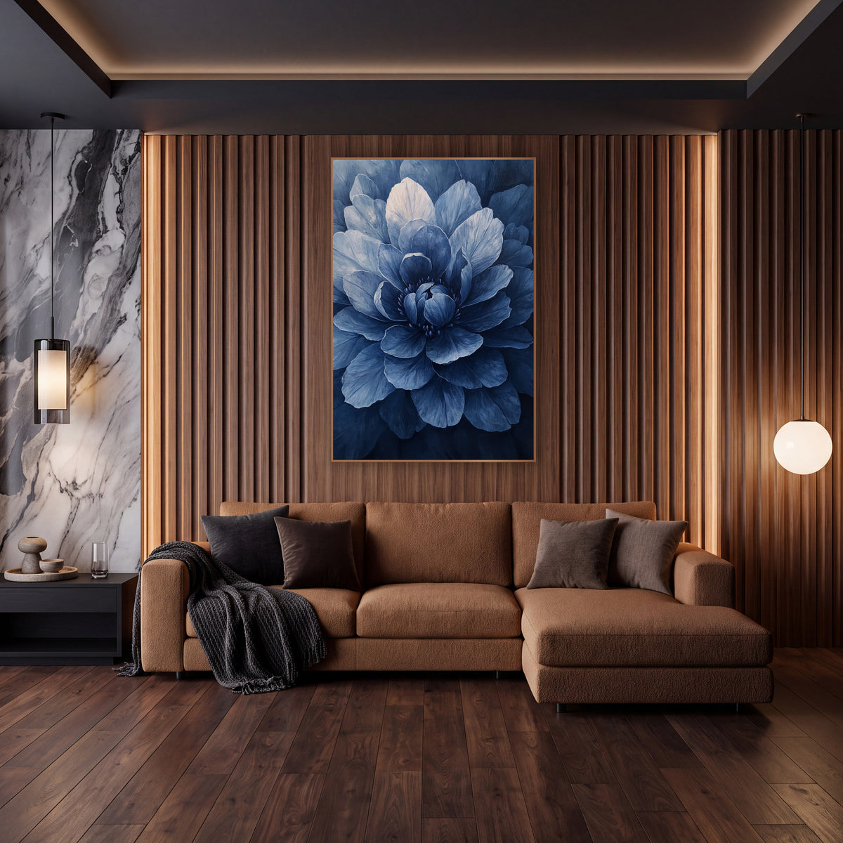 Indigo Layered Bloom Floral wall art in an elegant modern room – close view of a large blue flower with layered petals