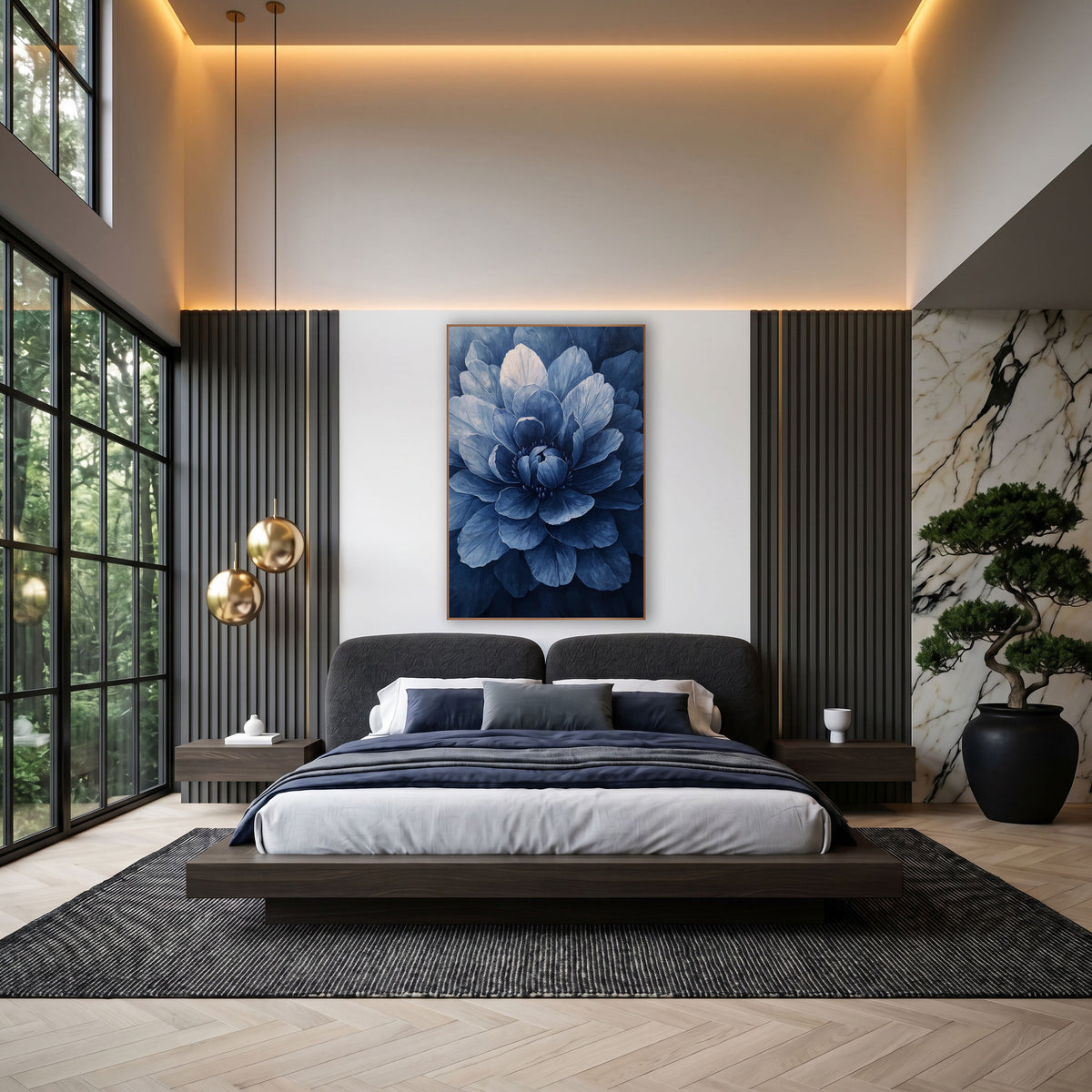 Indigo Layered Bloom Floral wall art in an elegant modern room – close view of a large blue flower with layered petals