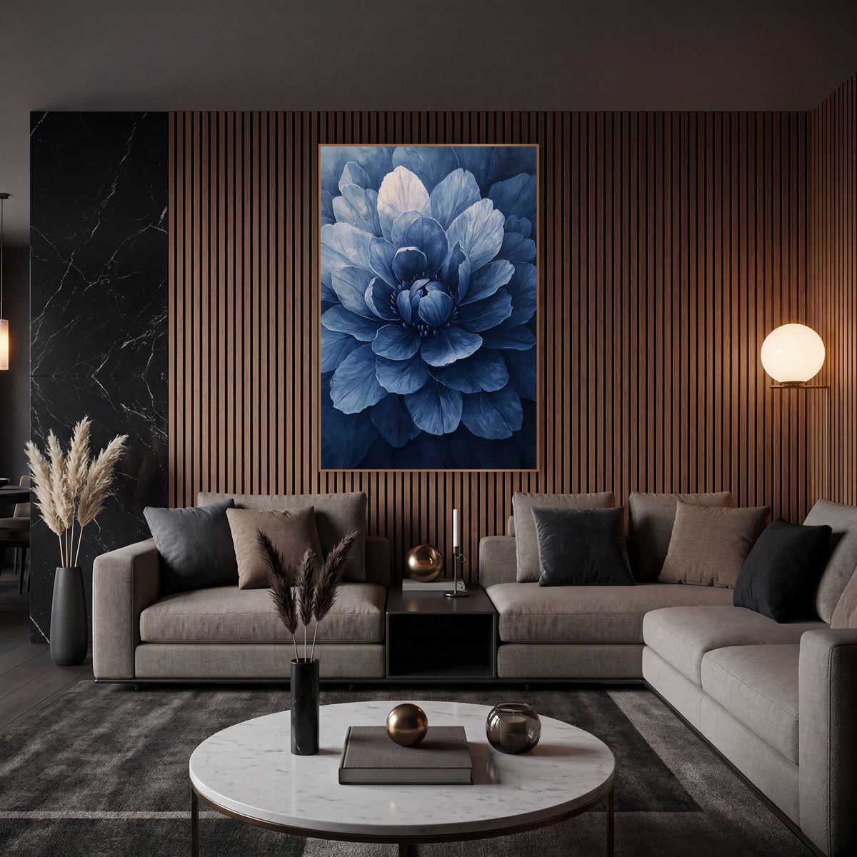 Indigo Layered Bloom Floral wall art in an elegant modern room – close view of a large blue flower with layered petals