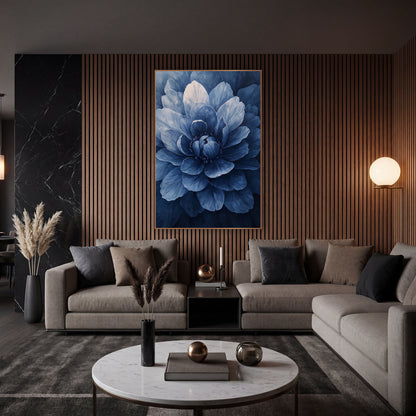 Indigo Layered Bloom Floral wall art in an elegant modern room – close view of a large blue flower with layered petals