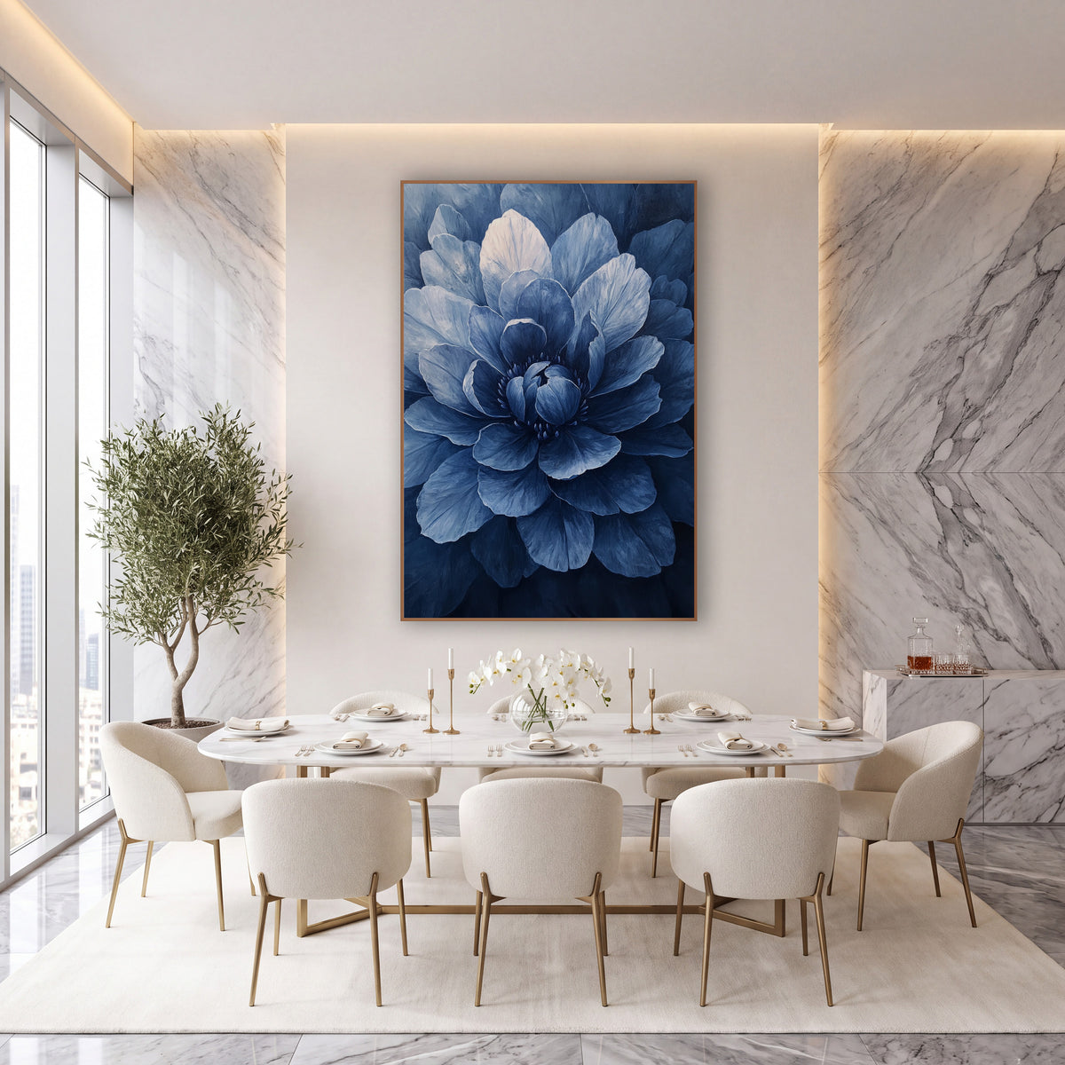 Indigo Layered Bloom Floral wall art in an elegant modern room – close view of a large blue flower with layered petals