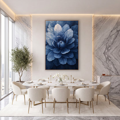Indigo Layered Bloom Floral wall art in an elegant modern room – close view of a large blue flower with layered petals