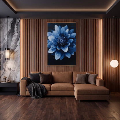 Midnight Mandala Dahlia Symmetrical Floral wall art in an elegant modern room – large layered blue flower with pale