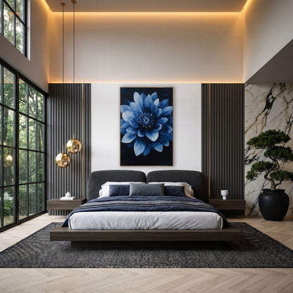 Midnight Mandala Dahlia Symmetrical Floral wall art in an elegant modern room – large layered blue flower with pale