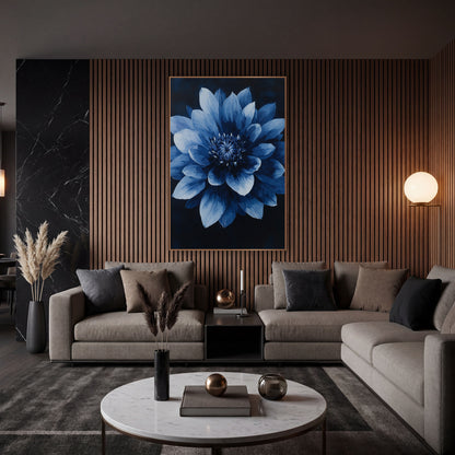 Midnight Mandala Dahlia Symmetrical Floral wall art in an elegant modern room – large layered blue flower with pale
