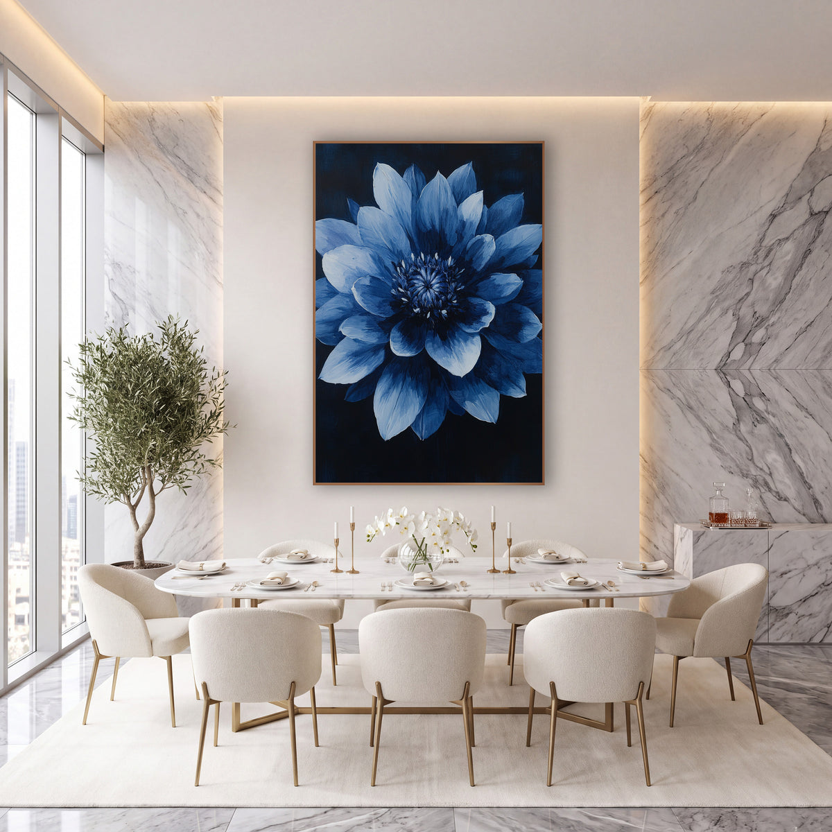 Midnight Mandala Dahlia Symmetrical Floral wall art in an elegant modern room – large layered blue flower with pale