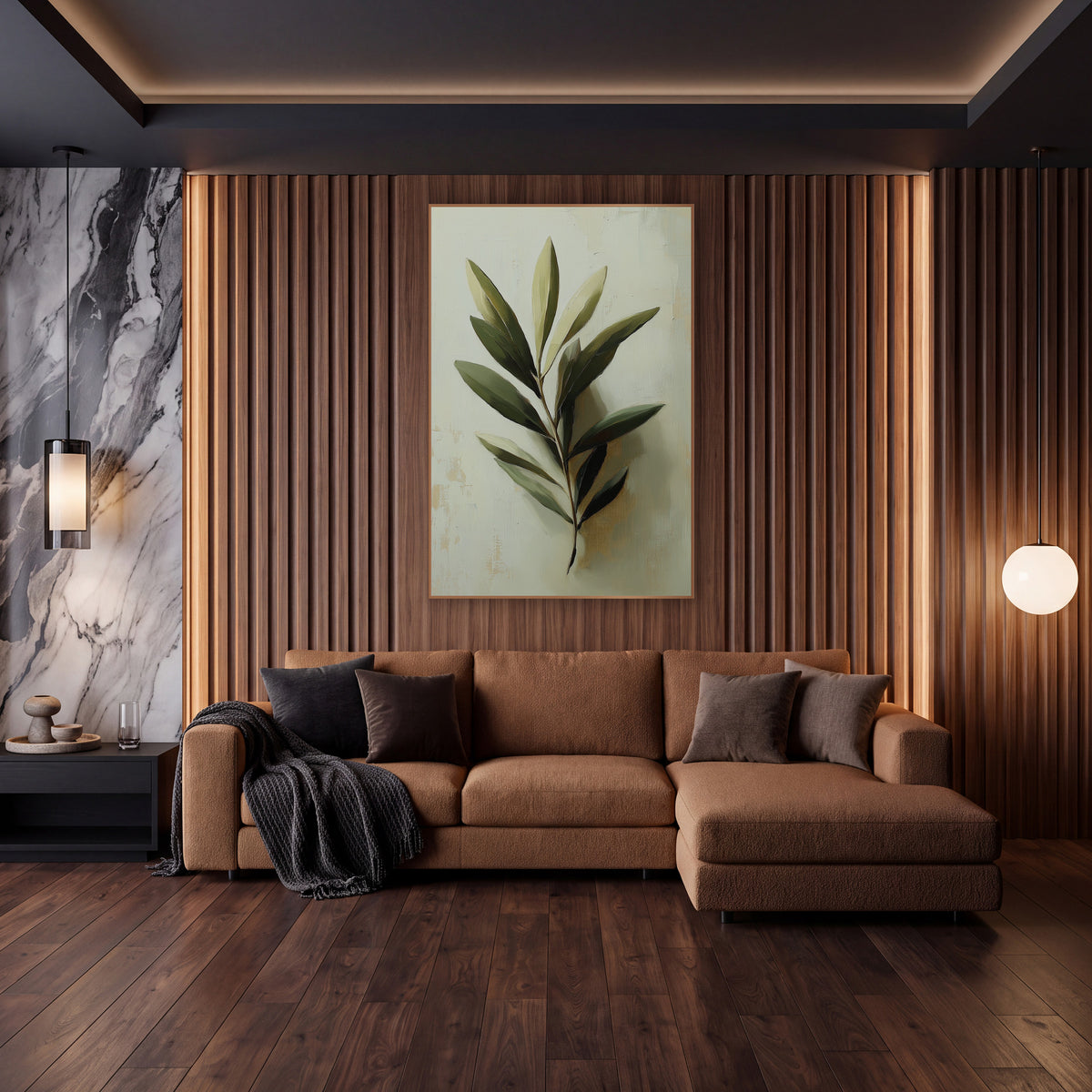 Single Olive Sprig Pale Painterly wall art in an elegant modern room – close-up olive branch with sage and deep green