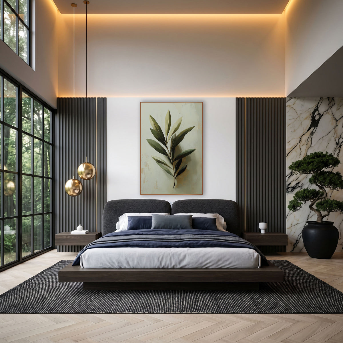 Single Olive Sprig Pale Painterly wall art in an elegant modern room – close-up olive branch with sage and deep green