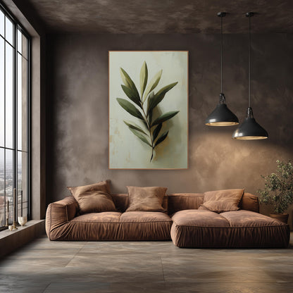 Single Olive Sprig Pale Painterly wall art in an elegant modern room – close-up olive branch with sage and deep green