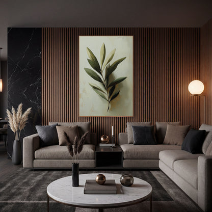 Single Olive Sprig Pale Painterly wall art in an elegant modern room – close-up olive branch with sage and deep green