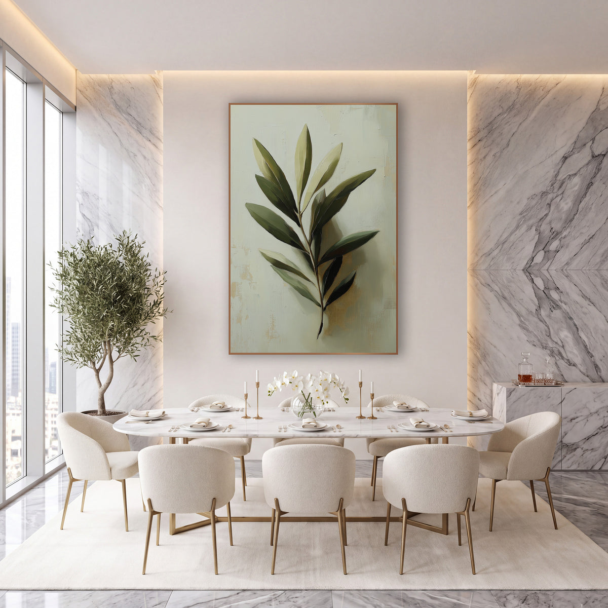 Single Olive Sprig Pale Painterly wall art in an elegant modern room – close-up olive branch with sage and deep green