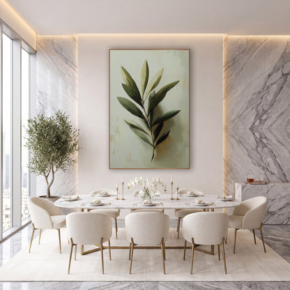 Single Olive Sprig Pale Painterly wall art in an elegant modern room – close-up olive branch with sage and deep green