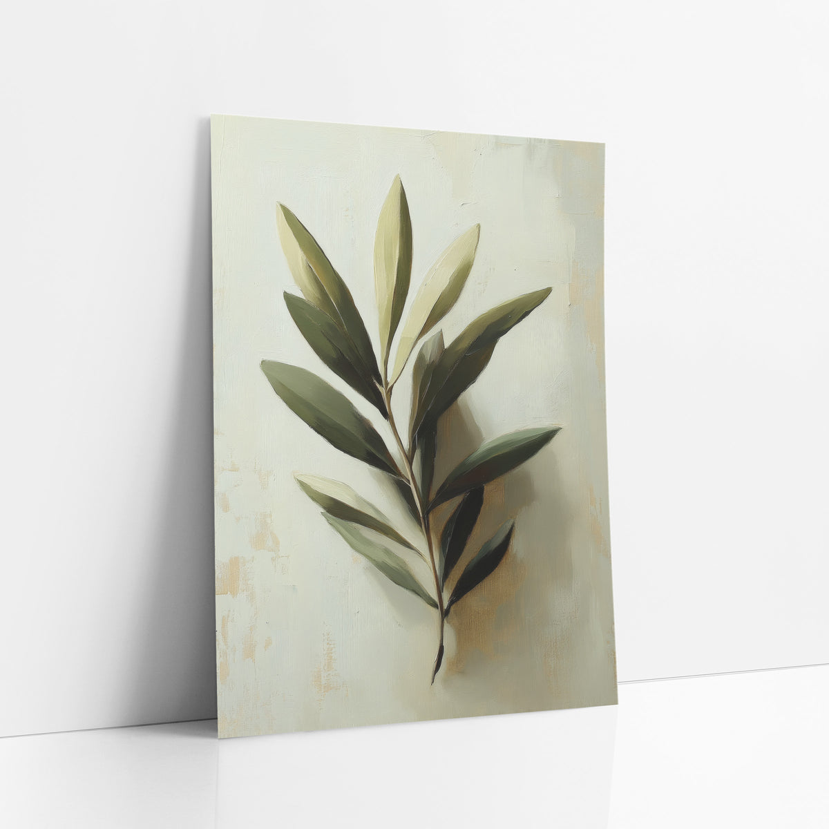 Single Olive Sprig Pale Painterly art print leaning against a white wall – close-up olive branch with sage and deep green