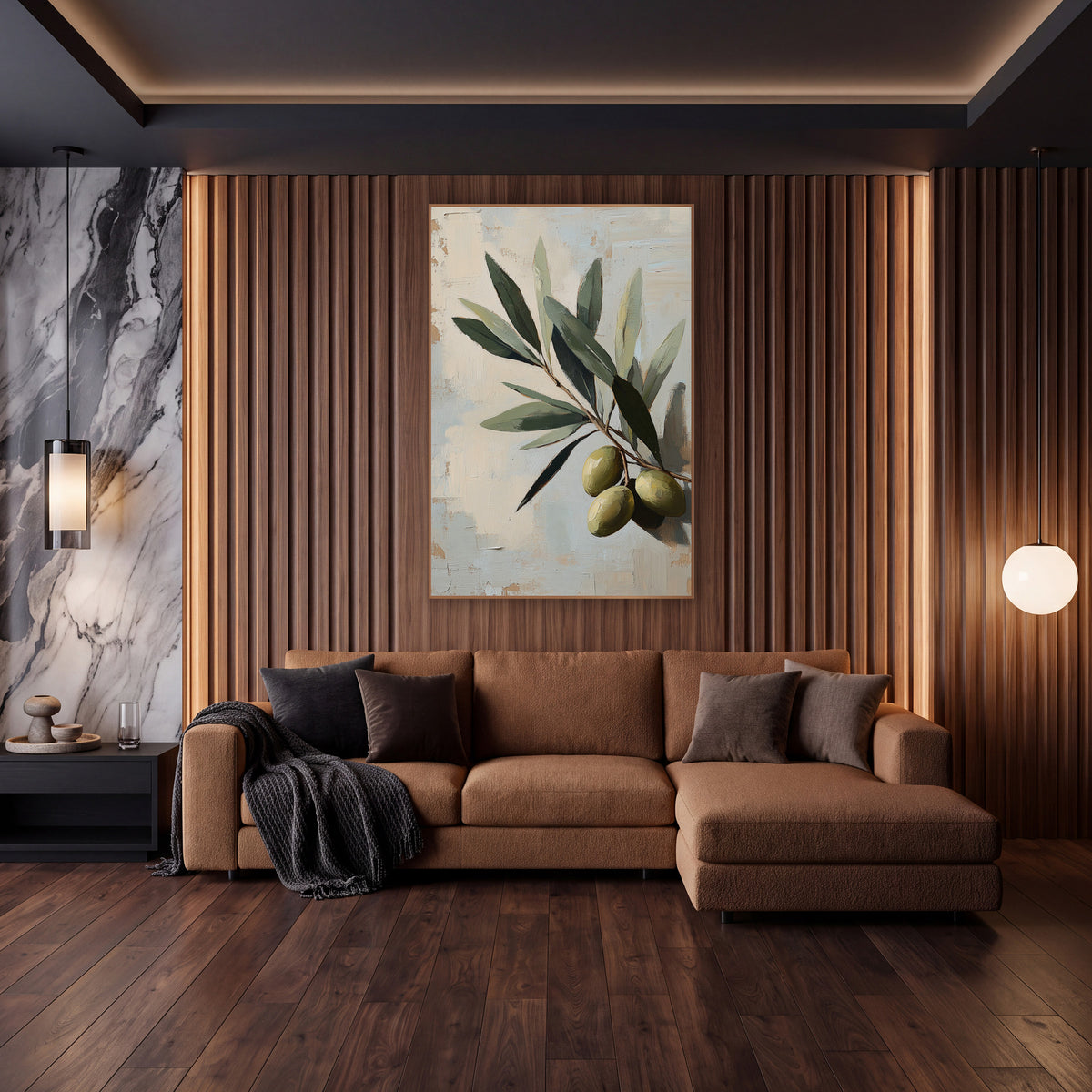 Ripe Olive Cluster Blue Painterly wall art in an elegant modern room – close-up olive branch with gray-green leaves
