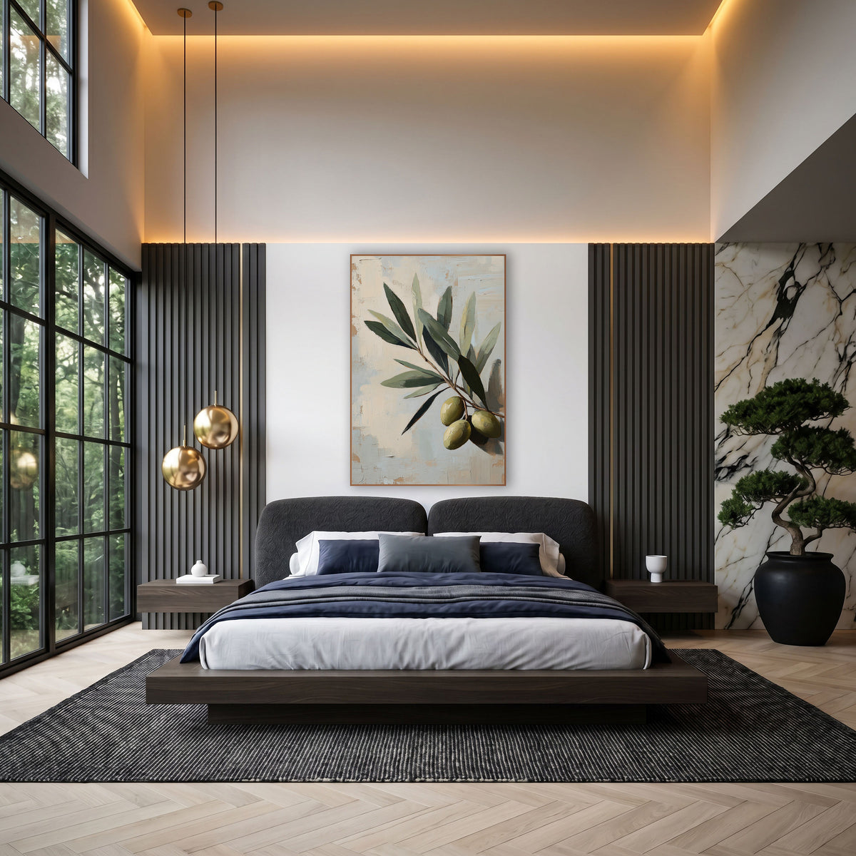 Ripe Olive Cluster Blue Painterly wall art in an elegant modern room – close-up olive branch with gray-green leaves