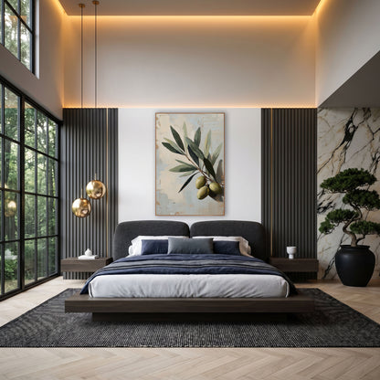 Ripe Olive Cluster Blue Painterly wall art in an elegant modern room – close-up olive branch with gray-green leaves