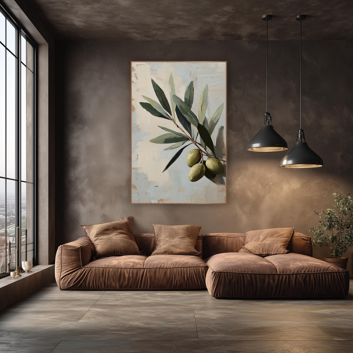 Ripe Olive Cluster Blue Painterly wall art in an elegant modern room – close-up olive branch with gray-green leaves