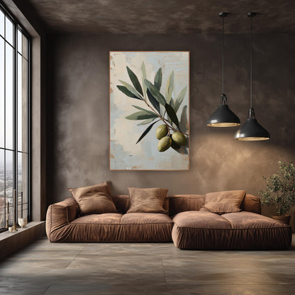 Ripe Olive Cluster Blue Painterly wall art in an elegant modern room – close-up olive branch with gray-green leaves