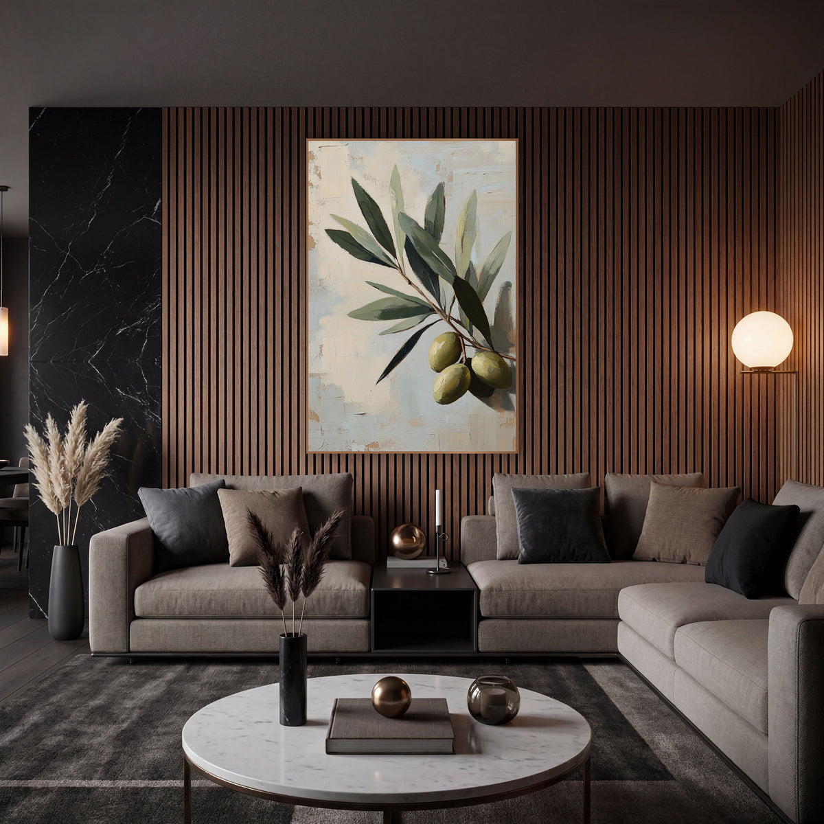 Ripe Olive Cluster Blue Painterly wall art in an elegant modern room – close-up olive branch with gray-green leaves