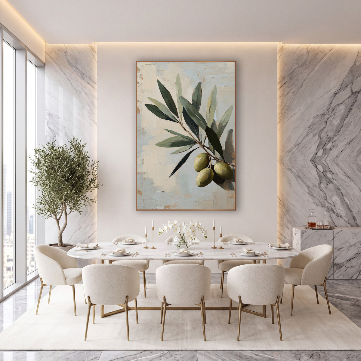 Ripe Olive Cluster Blue Painterly wall art in an elegant modern room – close-up olive branch with gray-green leaves