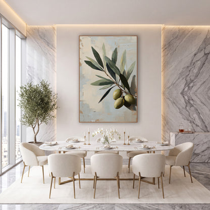 Ripe Olive Cluster Blue Painterly wall art in an elegant modern room – close-up olive branch with gray-green leaves