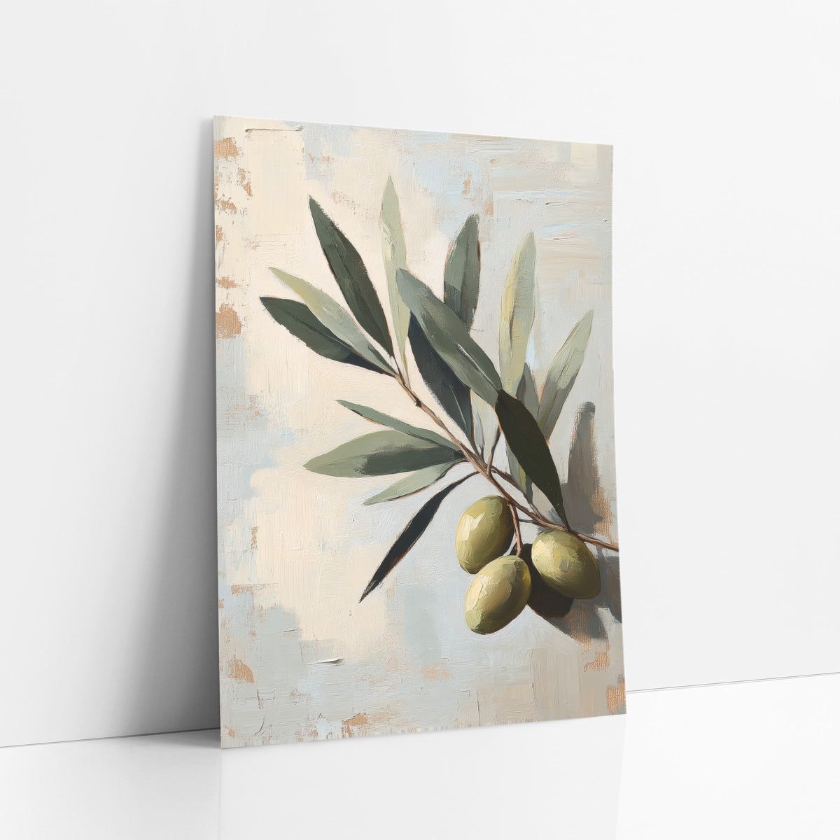 Ripe Olive Cluster Blue Painterly art print leaning against a white wall – close-up olive branch with gray-green leaves