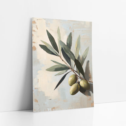 Ripe Olive Cluster Blue Painterly art print leaning against a white wall – close-up olive branch with gray-green leaves