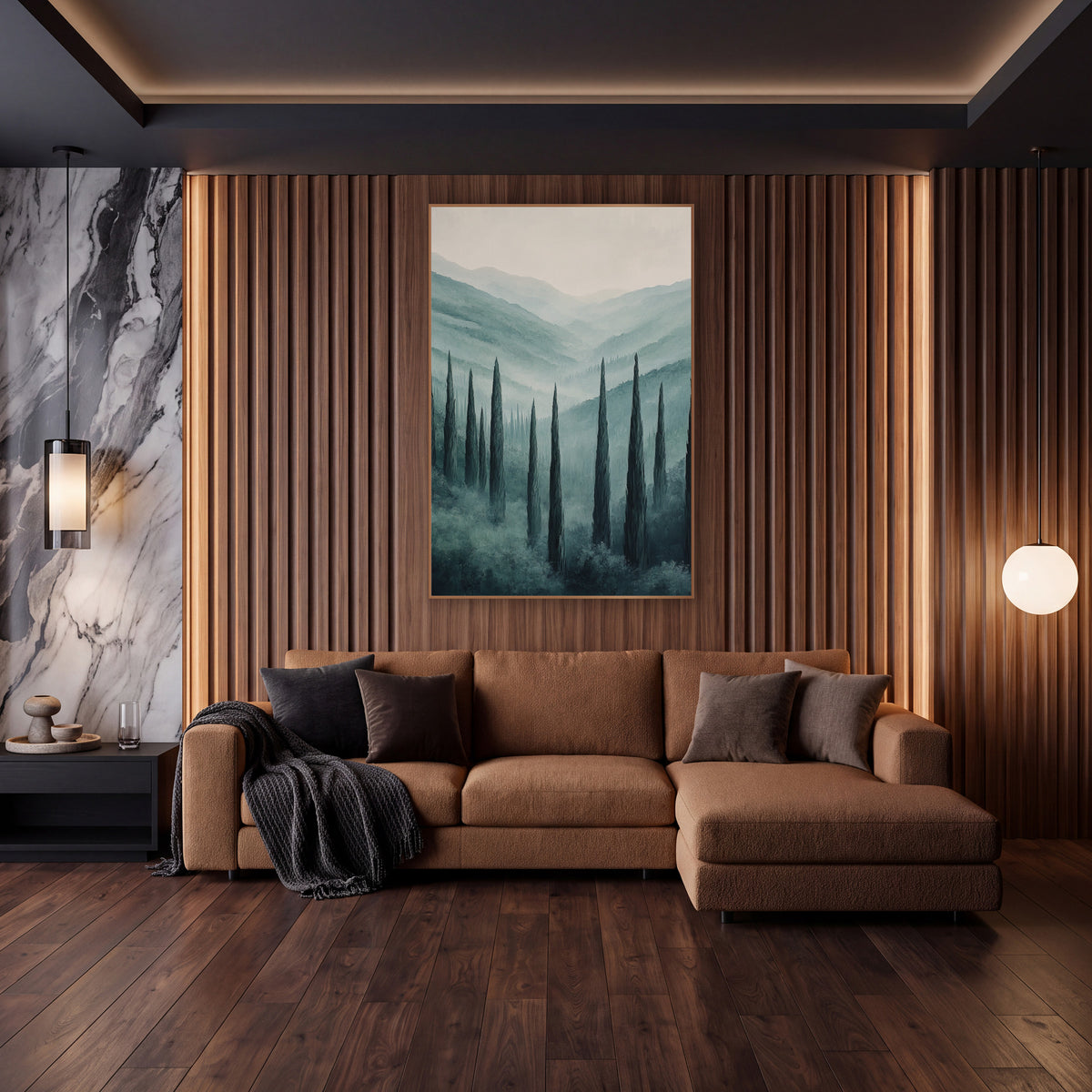 Misty Cypress Valley Luxury Decor wall art in an elegant modern room – tall dark cypress trees in a misty valley