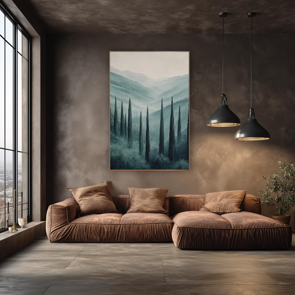 Misty Cypress Valley Luxury Decor wall art in an elegant modern room – tall dark cypress trees in a misty valley