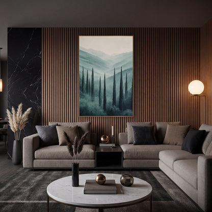 Misty Cypress Valley Luxury Decor wall art in an elegant modern room – tall dark cypress trees in a misty valley